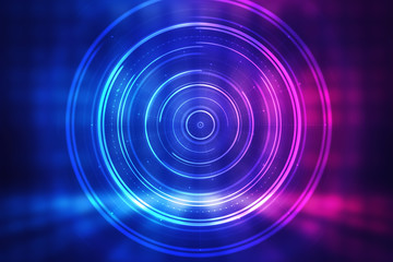 Dark tech abstract background with neon glow. Cyber circle laser figure on abstract background