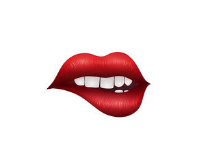 Realistic Playful Sexy Lips. Vector Illustration Isolated on White Background.