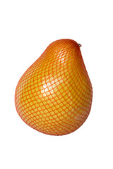 Pomelo in a grid on a white background, isolateA ripe pomelo is packaged in a grid. Pomelo isolated on a white background. Citrus maxima or Citrus grandis. Vertical