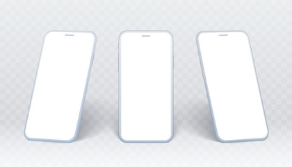 Smartphone side view set. White mobile phone collection in different angles. Isolated device on transparent background with empty screen for showing ui design or website.