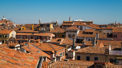 Red rooftop tiles over Venice Italy, closed up