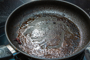 a used fat-smeared frying pan after frying