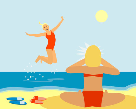 Mom takes pictures of a happy girl jumping on the sea. Photos beach family for lifestyle design. Summertime relax. Summer people outdoors. Flat vector illustration.
