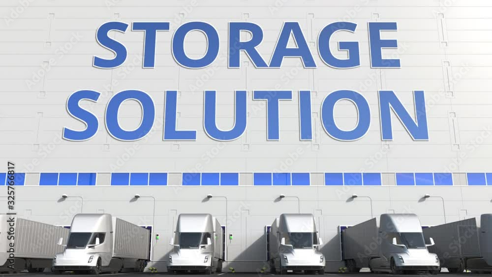 Poster trailer trucks at warehouse loading dock with storage solution text. 3d animation