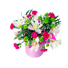 Pink round hat box of different flowers - arrangement of white Orchid, red Carnation, green Chrysanthemum, isolated on white background.
