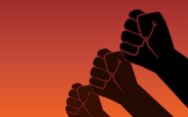 Silhouette Raised fist hand protest in flat icon design on red color background