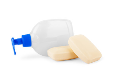 Liquid soap with dispenser on white background