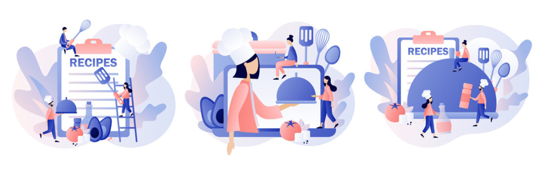 Food blogging. Recipes online. Professional chef holding dish. Tiny People Cook in Chef Cap. Modern flat cartoon style. Vector illustration on white background
