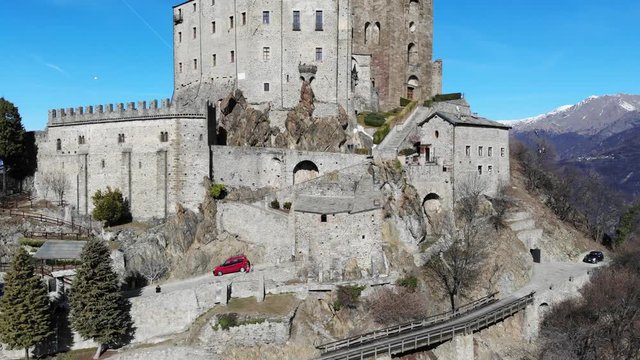 Epic Monumental Abbey on the Top of the Mountain, Aerial View, Italy