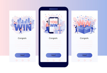 WIN text. You Win Concept. Congrats winner on falling down confetti background. Screen template for mobile smart phone. Modern flat cartoon style. Vector illustration