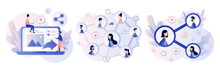 Share concept. Tiny people sharing data, photos, links, posts and news in social networks. Modern flat cartoon style. Vector illustration on white background