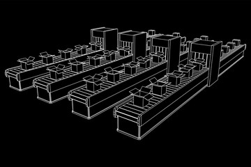 Conveyor belt section with pack boxes. Factory production equipment. Wireframe low poly mesh vector illustration