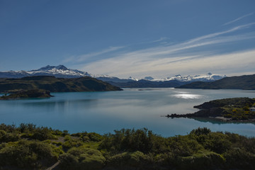 Fototapeta na wymiar View of Lago Pehoe at Torres del Paine national park