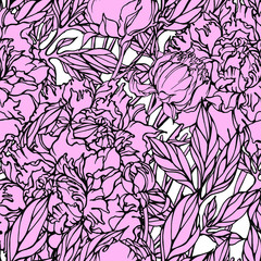 Vector seamless pattern with hand drawn pink peony flowers. Blossom style design for textile, fabric, wallpaper, wrapping paper