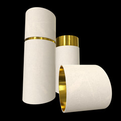 Kraft paper cardboard tube package with gold part mock up. 3d render on black background.