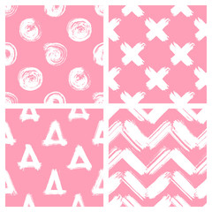 Set of seamless patterns with geometric shapes: circles, triangles, crosses, stripes painted in grunge style with ink. Hand drawn vector backgrounds for scrapbooking, textiles, wrapping paper, etc.