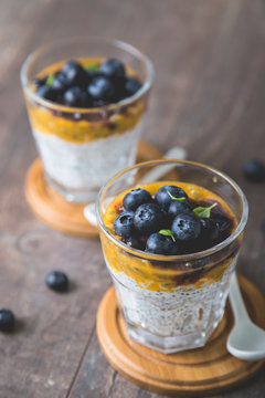 Healthy dessert. Chia Pudding with Fresh Papaya Pulp and Blueberries