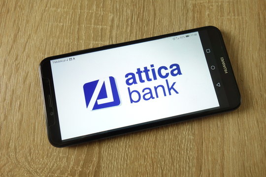 KONSKIE, POLAND - February 22, 2019: Attica Bank SA logo displayed on smartphone