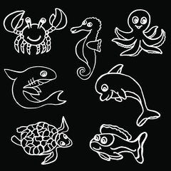 Vector illustration. Large set of inhabitants of the underwater world on a black background. Cover design, clothing print.