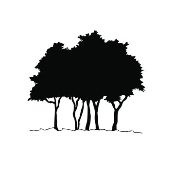 Group of trees, hand drawn stencil, black silhouette