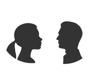 Silhouettes of man and woman face to face. Outlines of people in profile. Vector illustration