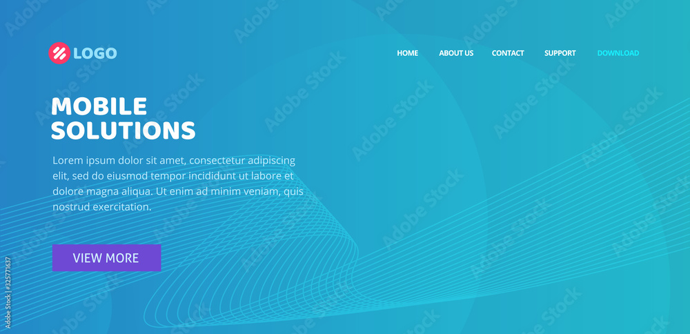 Poster website landing page layout design or web page banner template with blue abstract background and lin