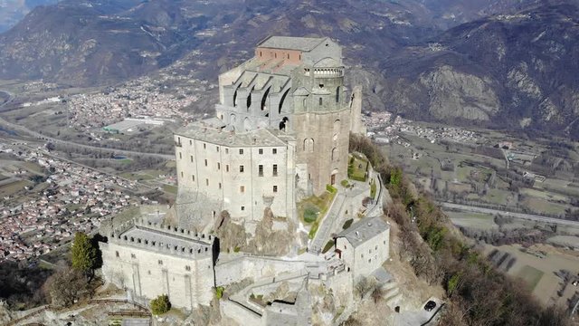 Epic Monumental Abbey on the Top of the Mountain, Aerial View, Italy