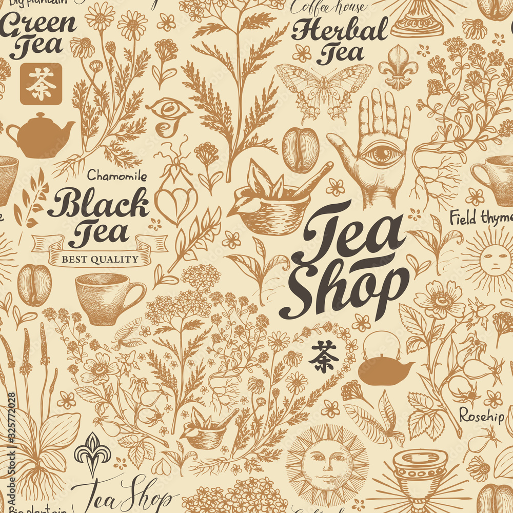 Poster vector seamless pattern on the theme of tea in retro style. abstract background with hand-drawn medi