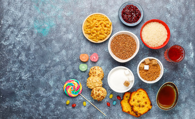 Assortment of simple carbohydrates food.