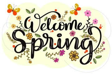 Hello spring with flowers. Spring time decoration with leaves. Illustration Spring