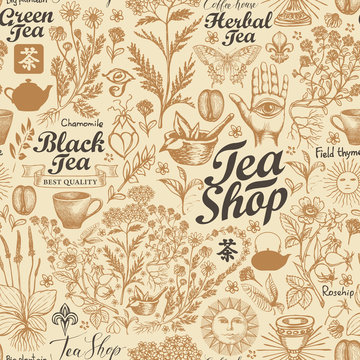 Vector seamless pattern on the theme of tea in retro style. Abstract background with hand-drawn medicinal herbs and inscriptions. Chinese character tea. Suitable for Wallpaper, wrapping paper, fabric. © paseven