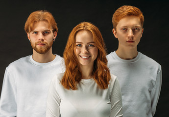 portrait of beautiful caucasian people with unusual hair colour, redhaired people posing at camera. natural ginger hair, red hair, auburn
