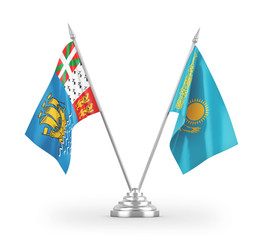 Kazakhstan and Saint Pierre and Miquelon table flags isolated on white 3D rendering