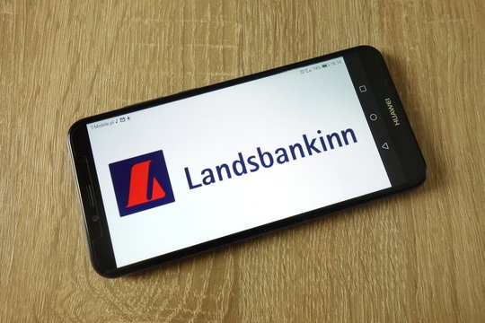 KONSKIE, POLAND - February 22, 2019: Landsbankinn logo displayed on smartphone