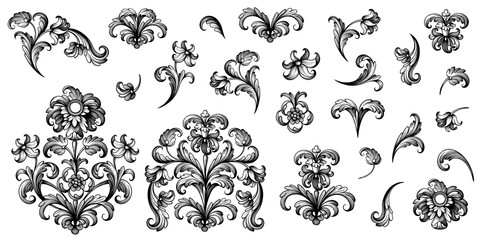 Vintage Baroque Victorian frame border flower pattern vector floral engraved scroll ornament leaf retro decorative design tattoo black and white filigree calligraphic heraldic shield swirl - 325775036