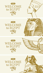 Set of vector travel banners with hand-drawn images of Nefertiti, Tutankhamun, scarab and Sphinx. Advertising flyers or posters for travel agency with Egyptian attractions and words Welcome to Egypt. - obrazy, fototapety, plakaty