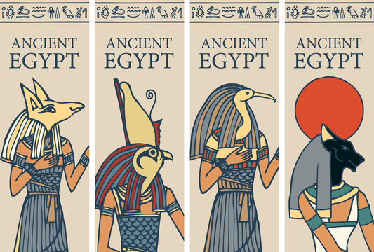 Set of vector posters or flyers for travel agency with Egyptian hieroglyphs and inscription Ancient Egypt. Advertising banners with Egyptian gods - Horus, Thoth, Anubis, goddess Bastet.