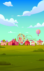 Smartphone background theme with carnival funfair. Vector template for mobile phone screen saver with circus and amusement park with roller coaster, balloon and ferris wheel © klyaksun