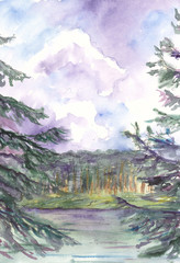 abstract watercolor summer landscape with christmas trees and lake
