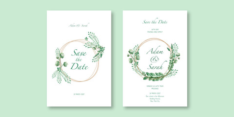 Fototapeta na wymiar Floral wedding invitation card watercolor template design with beautiful floral and greenery leaves template