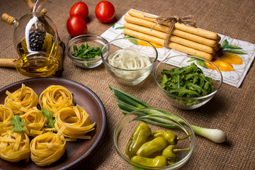 flat lay of ingredients for Italian pasta