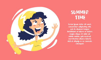 Cartoon girl in a helmet with a skateboard. Summer card in flat linear style. Vector.