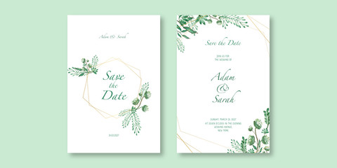  Floral wedding invitation card watercolor template design with beautiful floral and greenery leaves template