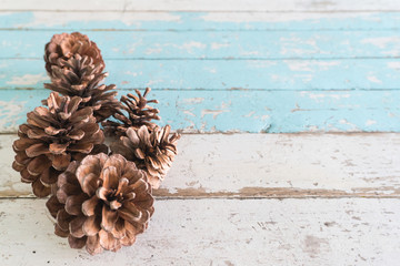 Brown Pine cone or Conifer cone on old vintage wooden background