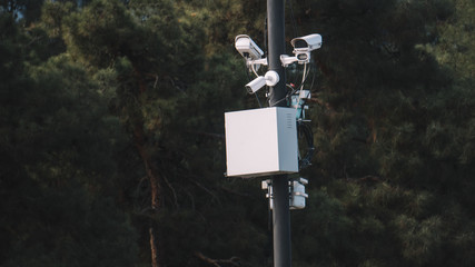 Speed limiter radar on the road. Section speed video control