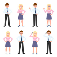 Happy, smiling, adult eyeglasses office guy and blonde lady vector illustration. Waving, thumbs up, saying hello, talking on phone boy and girl cartoon character set on white