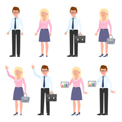 Smiling, elegant, young business man and woman vector illustration. Standing side view, waving hello, using tablet glasses office boy and blonde girl cartoon character set on white