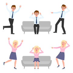 Surprised, shocked, amazed man and woman vector illustration. Sitting on sofa, running in panic, stressed, nervous, scared boy and girl cartoon character set on white