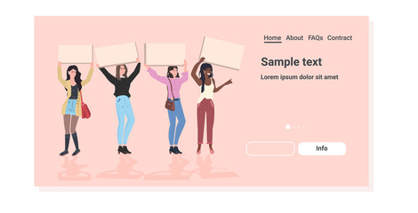 mix race activists protesting holding blank placards feminist demonstration girl power movement rights protection women empowerment concept full length horizontal copy space vector illustration