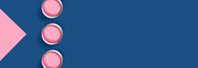 Repare picture. Blue and pink background with pink paint jars and corners. Flat lay, top view, copy space.